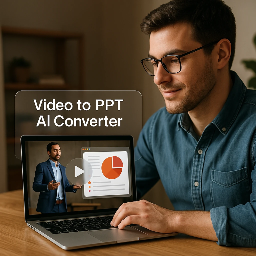 Processus de conversion vidéo vers PowerPoint avec l'IA montrant l'interface avec le téléchargement, les options OCR et les diapositives de présentation générées